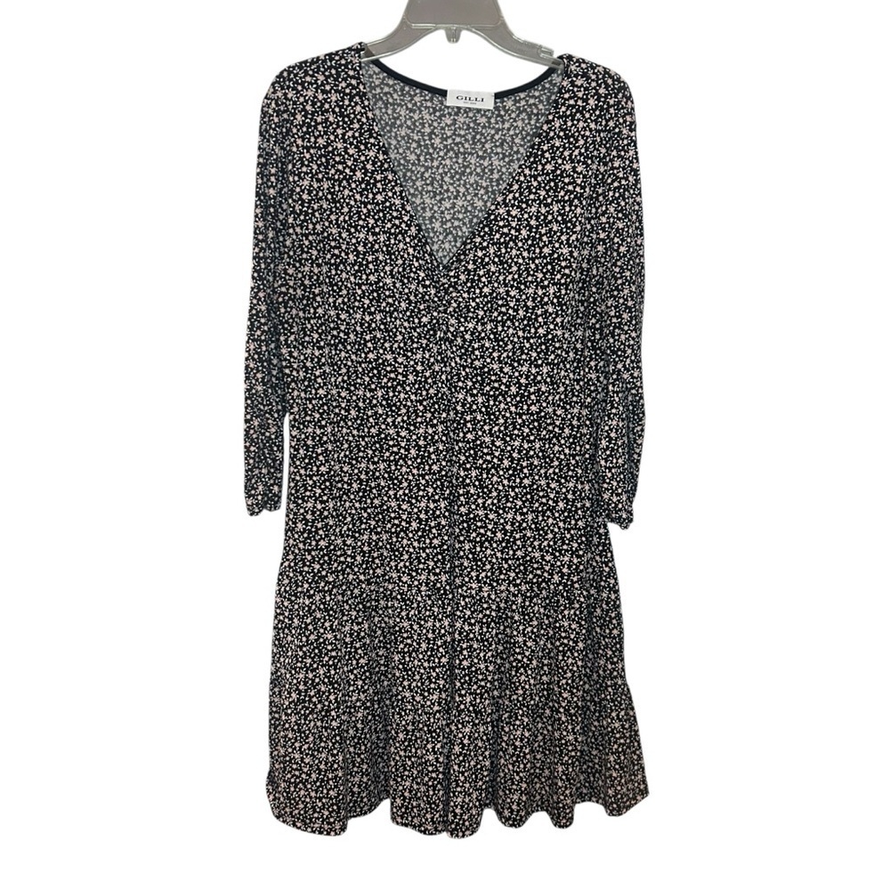 Gilli Black White Floral Tiered Dress 1X V Neck Stretch Long Sleeve